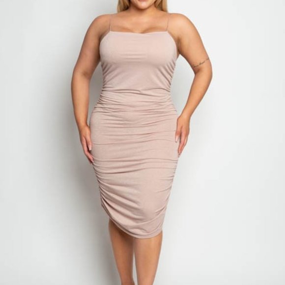 Plus Size Strapless Lurex Ruched Midi Dress - Picture 1 of 3